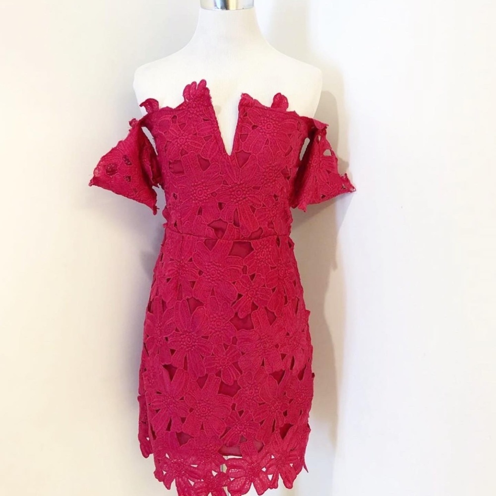 Red Off the Shoulder Lace Mini Dress